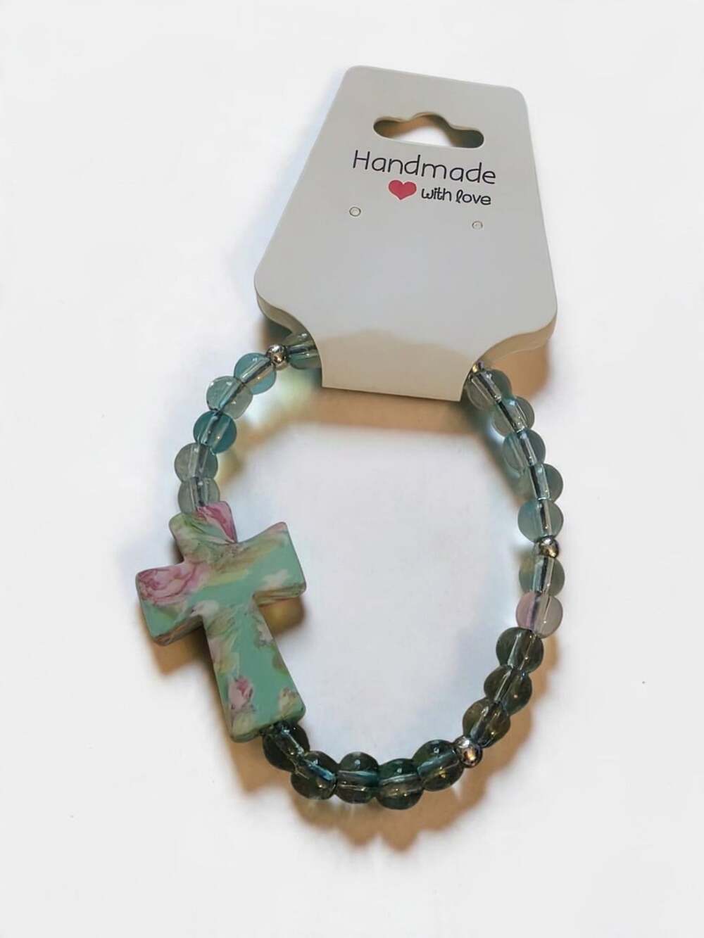 Beaded Cross Bracelet Floral Mint Pink